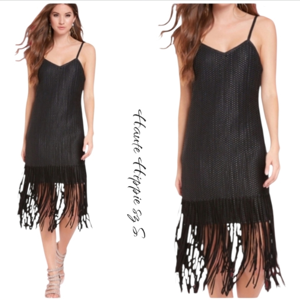 Haute Hippie Black Fringe Knit Midi Slip Dress - Picture 2 of 15